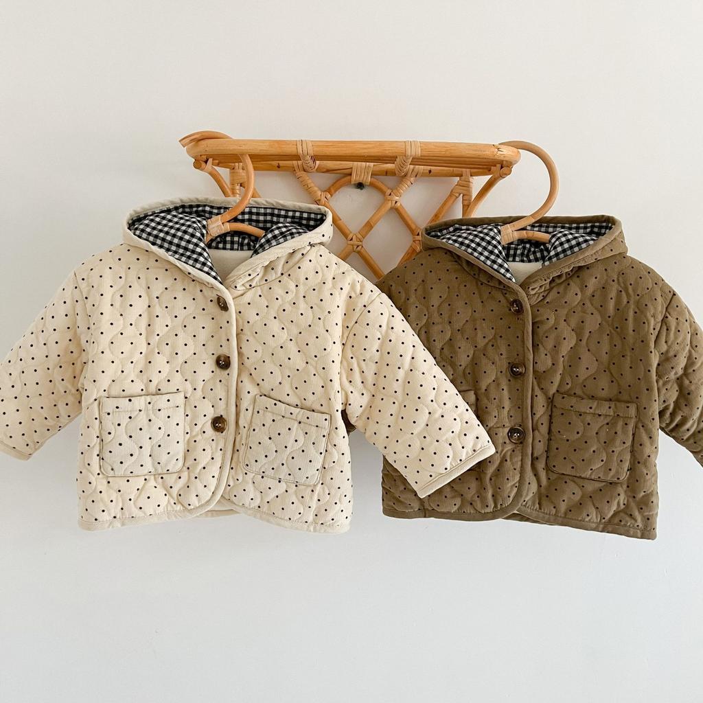 Children's Cotton-padded Coat 2024 Winter Infant Baby Polka Dot Corduroy Thickened Hooded Cardigan Cotton-padded Jacket