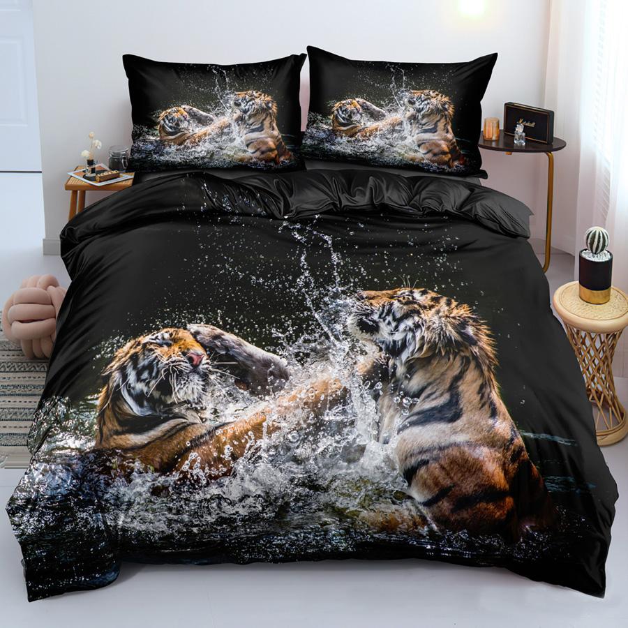 Lion Tiger King Queen Duvet Cover Lovely Wild Animals Bedding Set For Kids Teens Adults Wildlife Grey Black 2/3pcs Quilt Cover