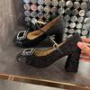 Туфли-лодочки Xiaoxiangfeng для женщин 2025 Осень Новые Блестки с мелким вырезом Блестящий блочный каблук Мэри Джейн Одинарные туфли Квадратный носок