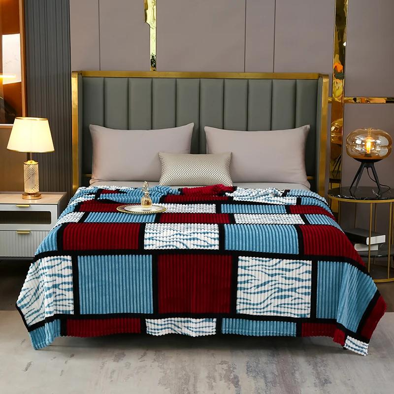 1pc Flannel milk velvet blanket,Checkered style drawstring Printed Luxury Super Soft Sofa Bedroom Bedding Fluffy Throw Blanket