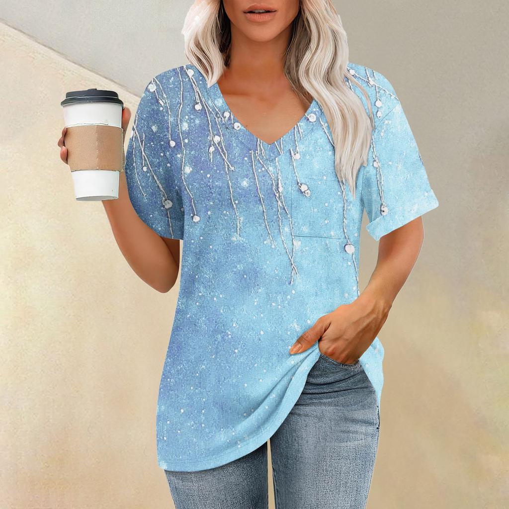 Женская модная футболка с коротким рукавом и V-образным вырезом с карманом и цветочным принтом