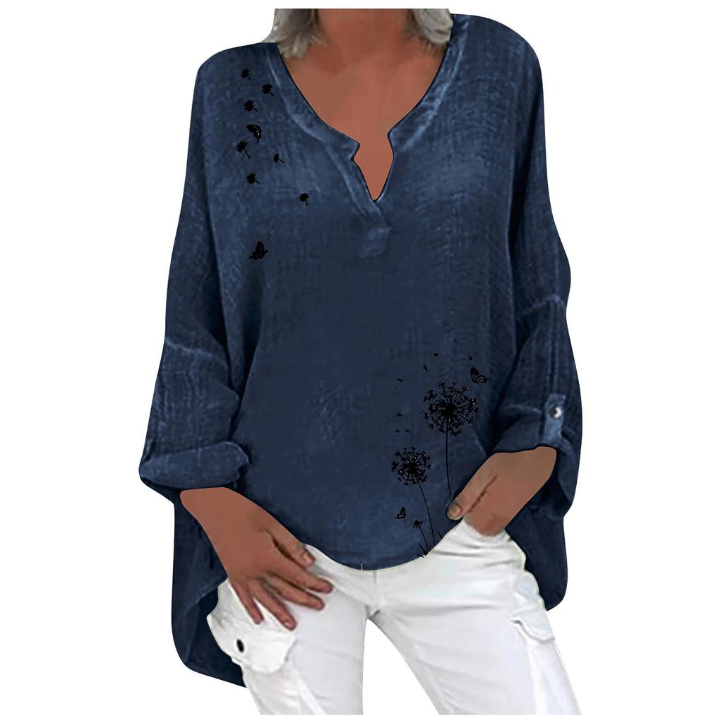 Women's Cotton And Linen Print Casual V-Neck Large Size Print Shirt Tops