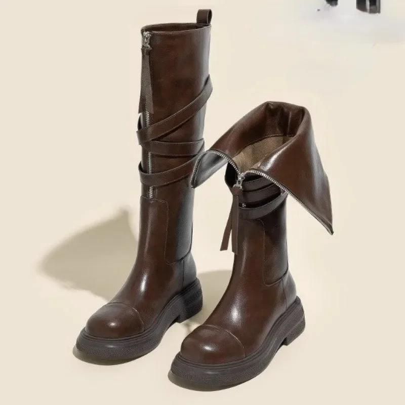 Модная женская обувь 2024 года, высококачественные женские сапоги на молнии, модные современные сапоги с пряжкой на ремне, женские сапоги с круглым носком, высокие сапоги до колена