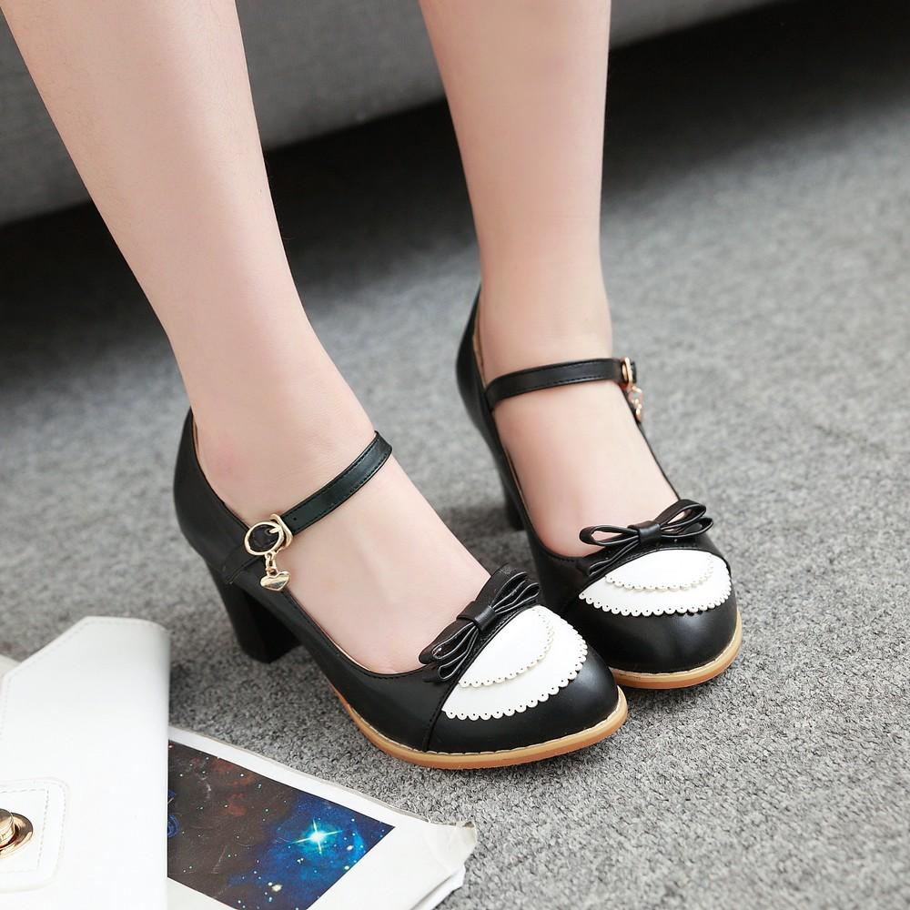 Модные туфли Мэри Джейн Женские туфли-лодочки на высоком каблуке Туфли с бантом Толстый высокий каблук Повседневные женские туфли Розовые chaussures Femme Обувь Лолита 32-43