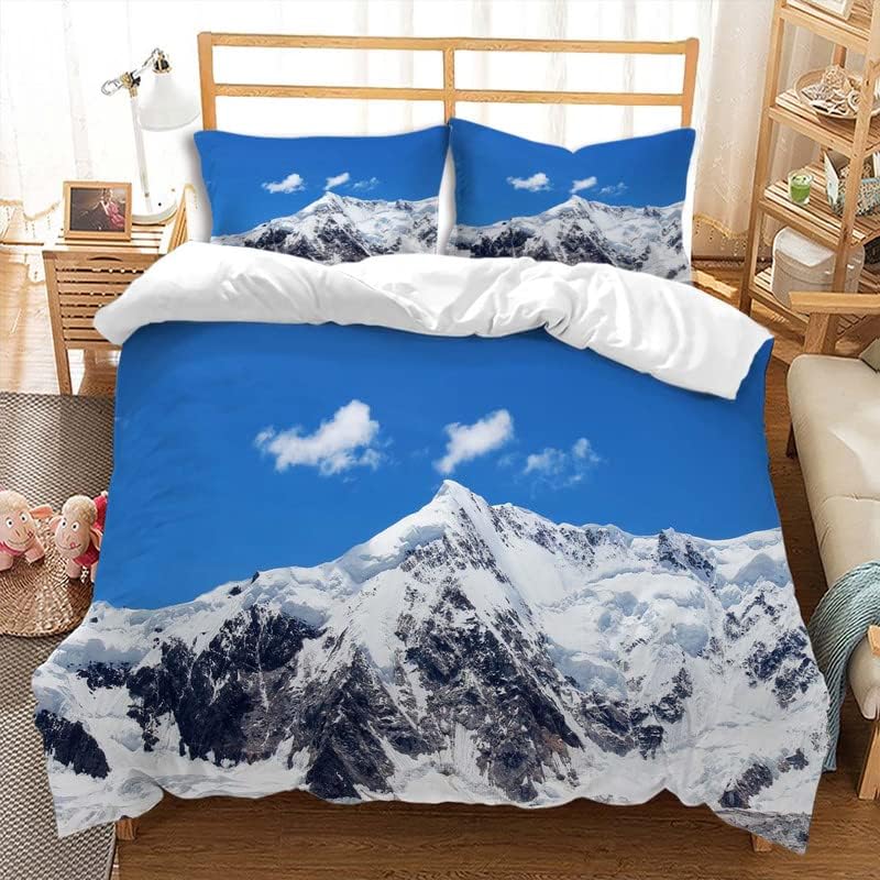 Snowy Mountain Duvet Cover Winter Snow Scene Bedding Set Full Queen Size Natural Snow Mountain Comforter Cover for Bedroom Decor