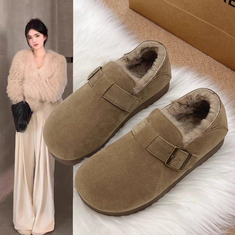 Полностью флисовые Birkenstocks для женщин, новинка зимы 2025, однослойные пушистые ботинки, утолщенные теплые, с толстой подошвой, снежные хлопковые ботинки
