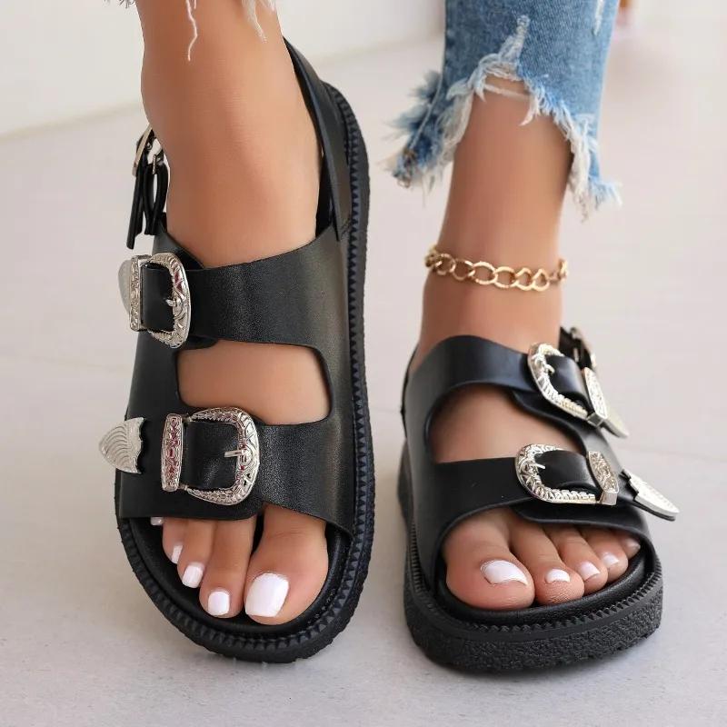 Мода 2025 Обувь больших размеров Женская с открытым носком Женские сандалии Платформа Повседневные сандалии Женские С круглым носком Ремешок с пряжкой Обувь на среднем каблуке Женская