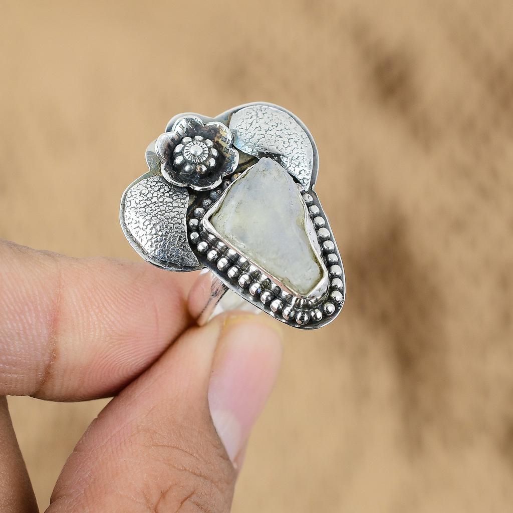 925 Sterling Silver Natural Rainbow Moonstone Rough Promise Handmade Flower Ring