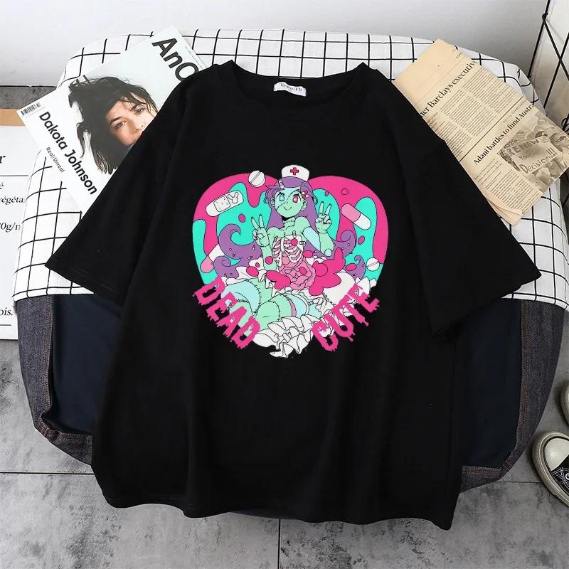 Женская футболка большого размера Kawaii Goth Harajuku Music Girl Print Black Crop Top Short Sleeve Женские футболки Y2k Mujer Grunge Kpop