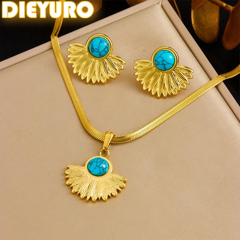 DIEYURO 316L Stainless Steel Golden Fan-shaped Sunflower Inlaid Turquoise Snake Necklace Earrings Set Girl Fashion Jewelry Gift