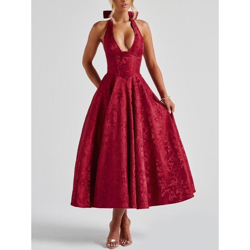 Sexy Elegant V Neck Halter High Waist A Line Long Evening Party Dress