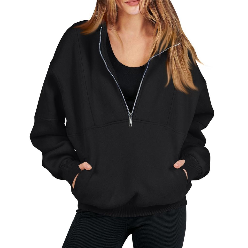 Женская модная однотонная повседневная толстовка с длинными рукавами и карманом на молнии