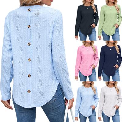 Новая повседневная футболка с круглым вырезом, длинным рукавом и изогнутым низом, топ с пуговицами и вырезами для женщин