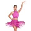 Womens Chacha Salsa Dance Outfit Halter Sleeveless Backless Shiny Ruched Crop Top Tiered Tassels Skirt Built In Shorts