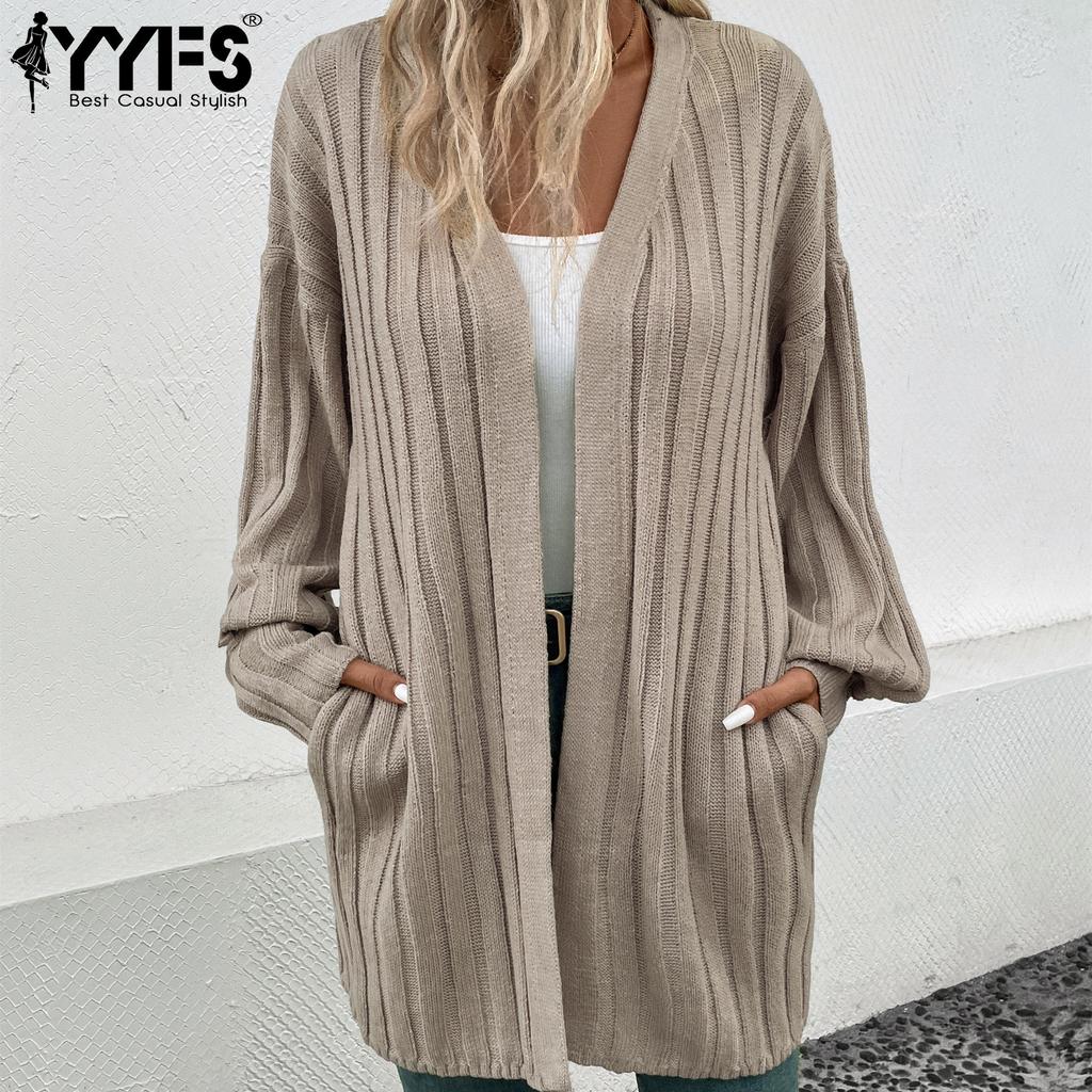 YYFS Женские модные повседневные осенне-зимние однотонные кардиганы с длинными рукавами и принтом