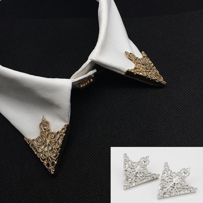 1 Pair European Vintage Luxury Collar Metal Triangle Buckle Men's Women's Suit Shirt Lapel Bronze Hollow Pins Clothing DIY Badge