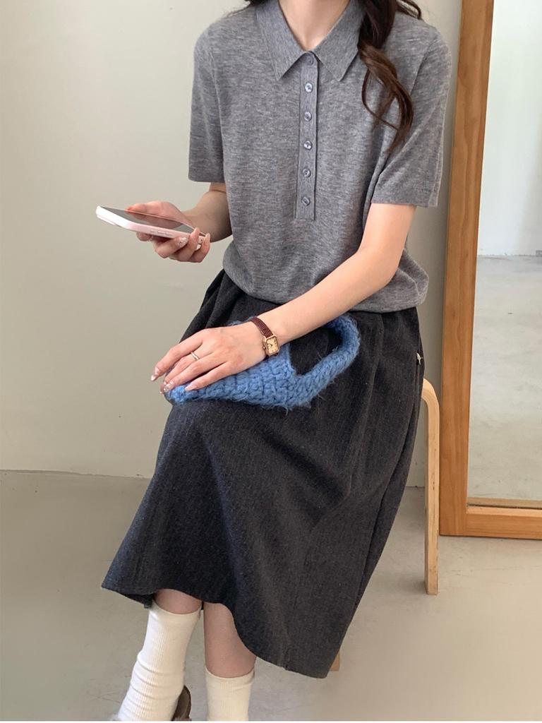 Ease Half Placket Lapel 0 Wool Sweater Women's Early Autumn Short-sleeved Inner Solid Color Simple Pullover Bottoming Shirt