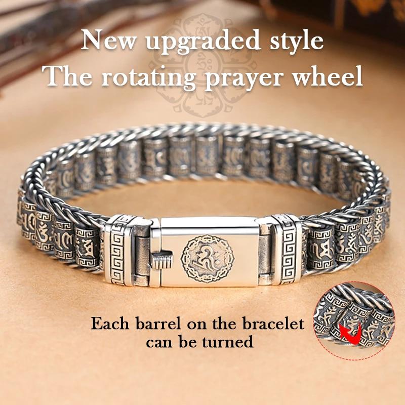 Men 'S Bracelet Simple And Generous Silver Bracelet Hand -Woven Six -Character Mantra Roller Silver Rotatable Silver Chain