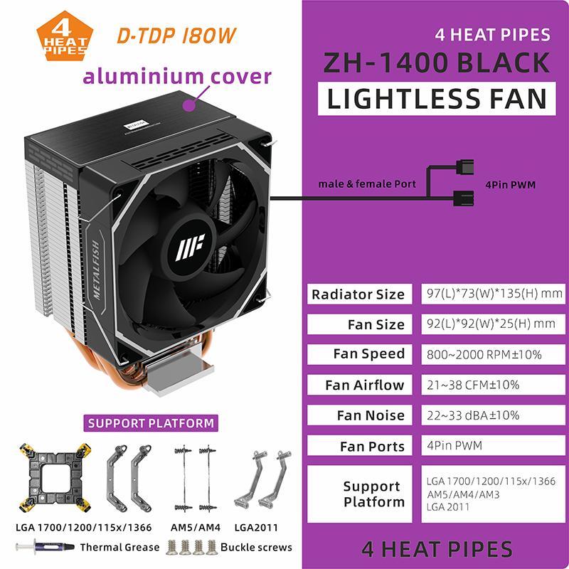 METALFISH Кулер для процессора ПК Белый Радиатор 4-контактный PWM Тихий ARGB Вентилятор Для Intel 1700 1200 1150 1155 1156 1366 2011 AM5 AM4 AM3 x99 x79