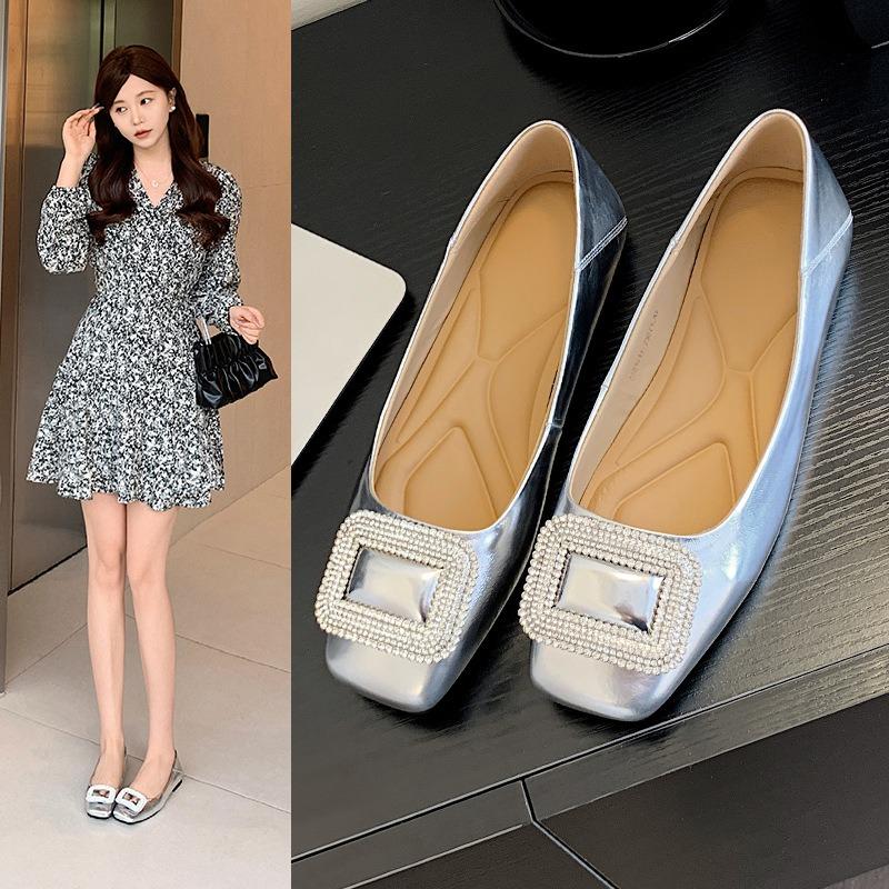 Женские туфли из овчины на весну и лето, новые, со стразами, с квадратной пряжкой, темпераментные, на плоской подошве, Мэри Джейн, маленькие кожаные туфли для женщин