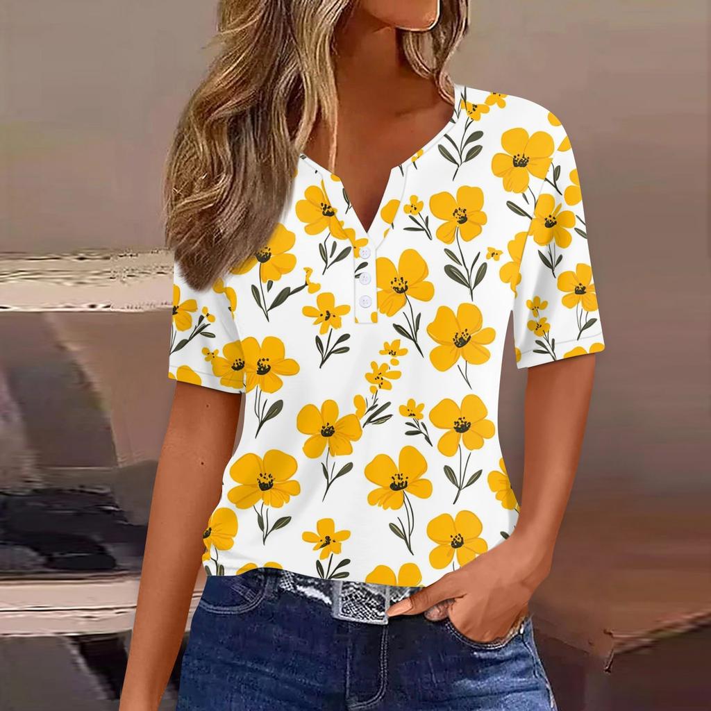 Women's Fashion Casual Vintage Floral Print V-Neck Short Sleeve Decorative Button T-Shirt Tops