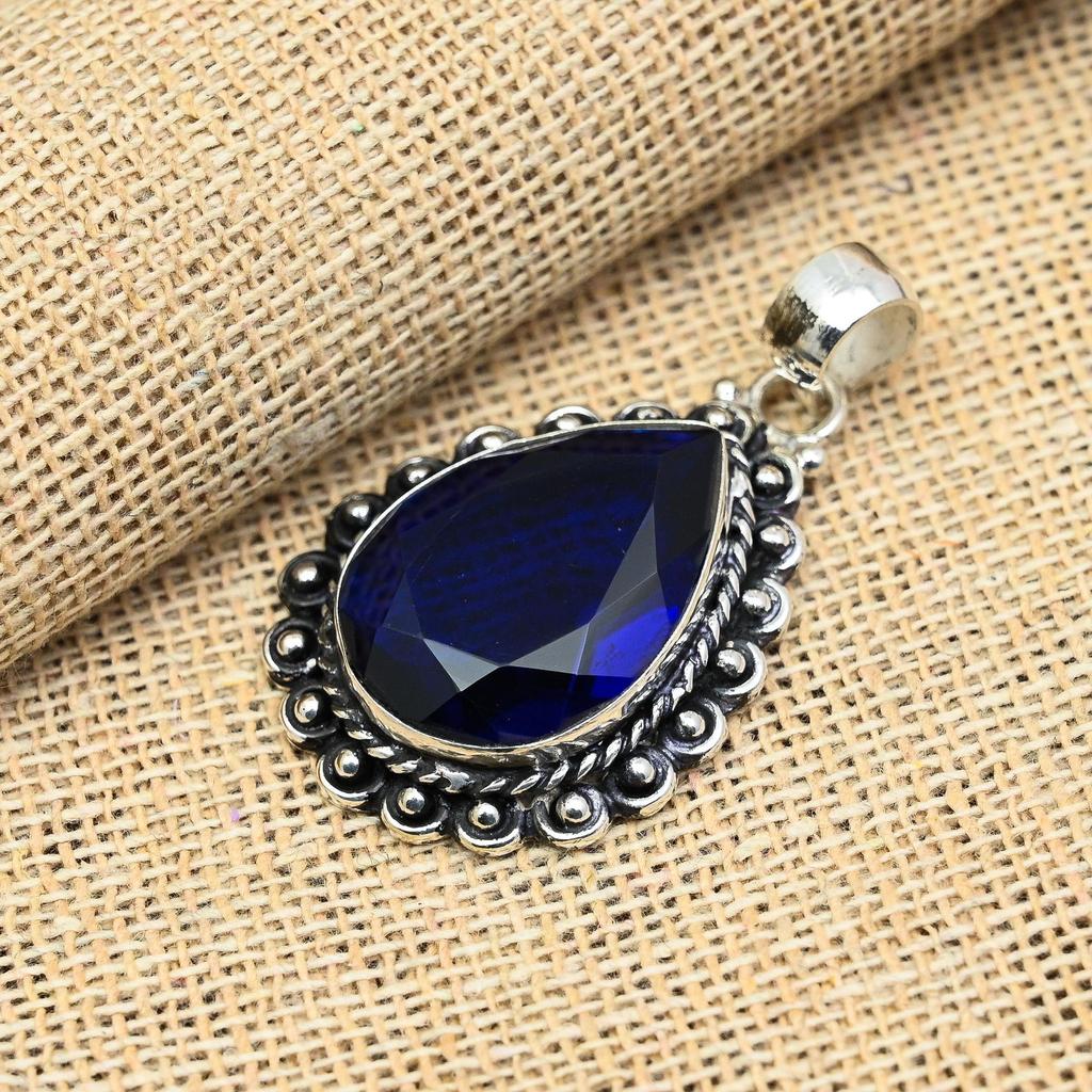 Pretty Blue Sapphire Lab-Created Gemstone Handmade 925 Solid Sterling Silver Jewelry Pendant