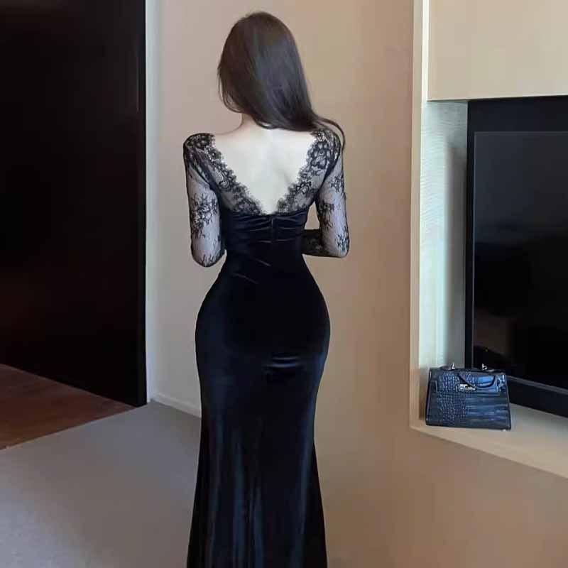 2025 женский темперамент сексуальный кружевной сращивание тонкий тренд платье