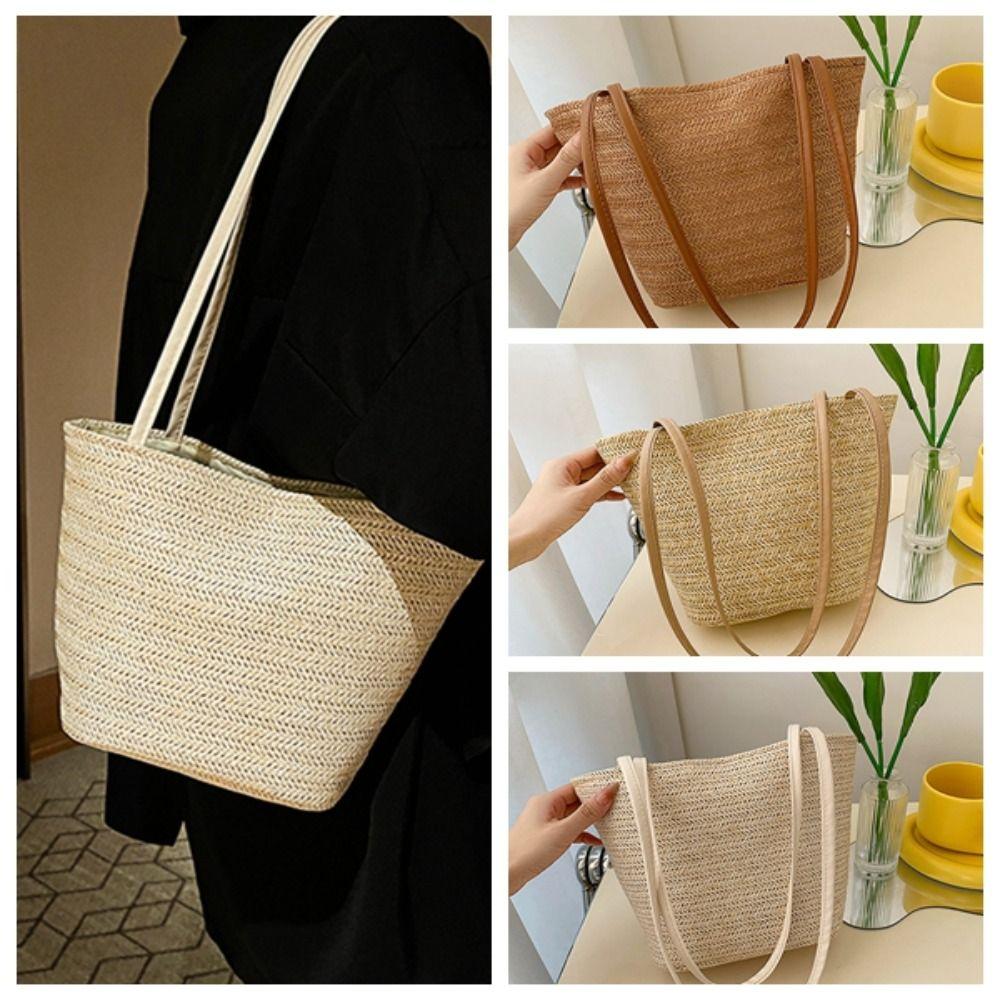 Woven Straw Bucket Bag Solid Color Shoulder Bag Portable Summer Beach Tote Streetwear