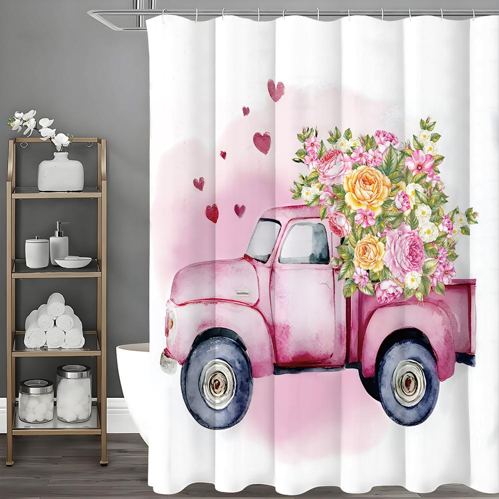 Watercolor Pastel Car Colorful Flower Love Shower Curtain, Bathroom Decorative Shower Curtain, Waterproof Shower Curtain with Ho