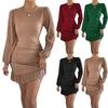 Women's Fashion Ruffled Hem Ruched Bodycon Dress With Round Neck, Long Sleeves And Solid Color