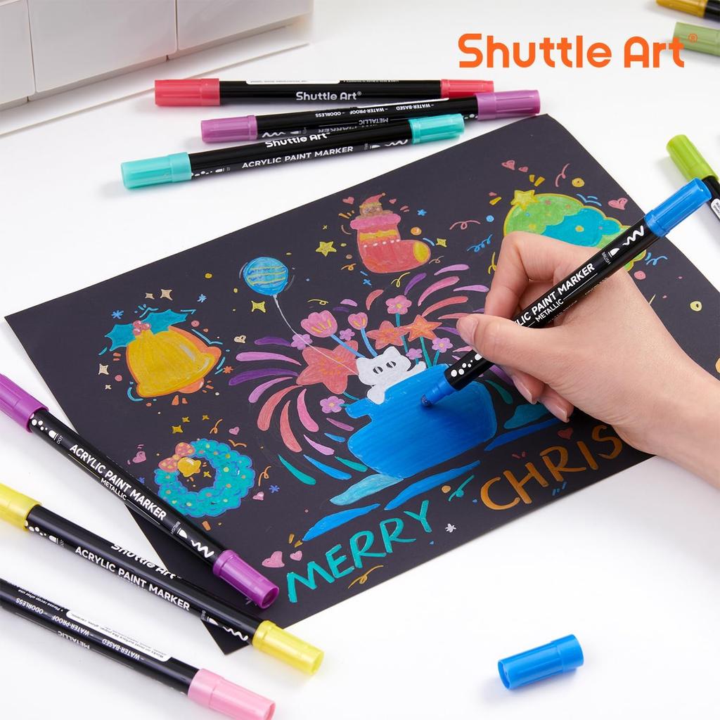 Shuttle Art Акриловые Металлик Точечные Кисти-Маркеры Двусторонние Акриловые Краски Подходят для и Художественный Подарок Маркеры, Цвета, и Ручки, Набор из 28 Цветов, Блестки, На Водной Основе