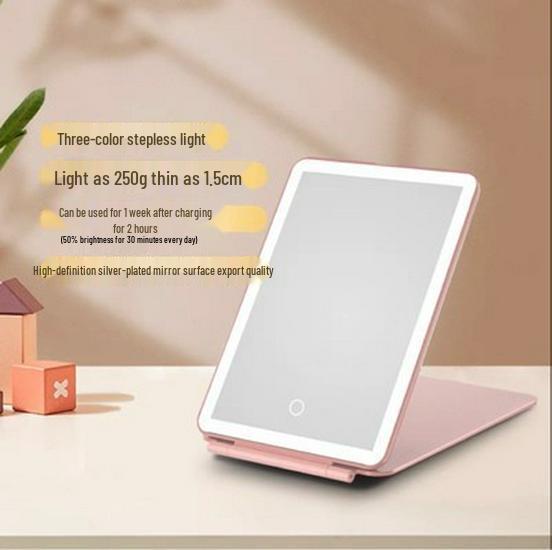 Портативное светодиодное зеркало для макияжа с трехцветной подсветкой, сенсорным управлением и плавной регулировкой яркости