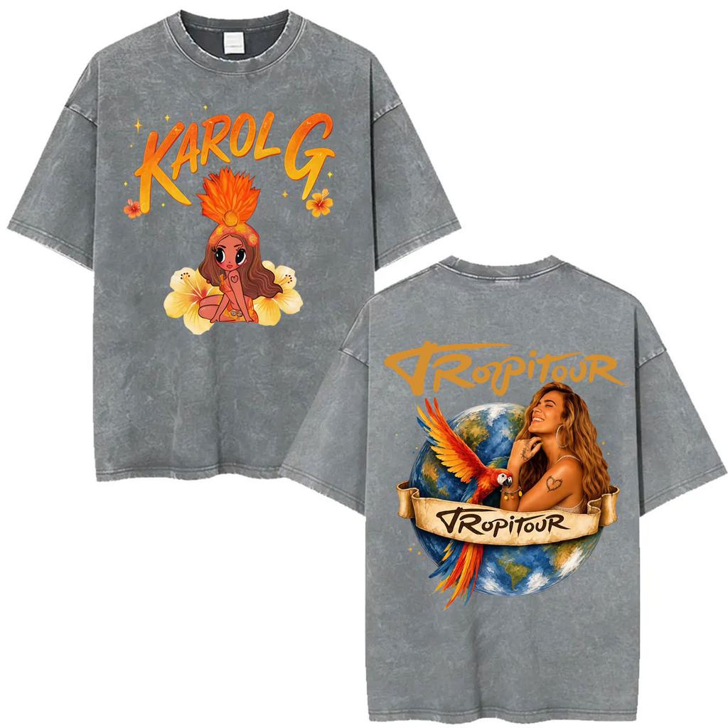 Karol G Tropicoqueta Tour New Album Vintage Washed T Shirts Men Women Fashion Aesthetic Tshirt Casual Cotton Loose T Shirt