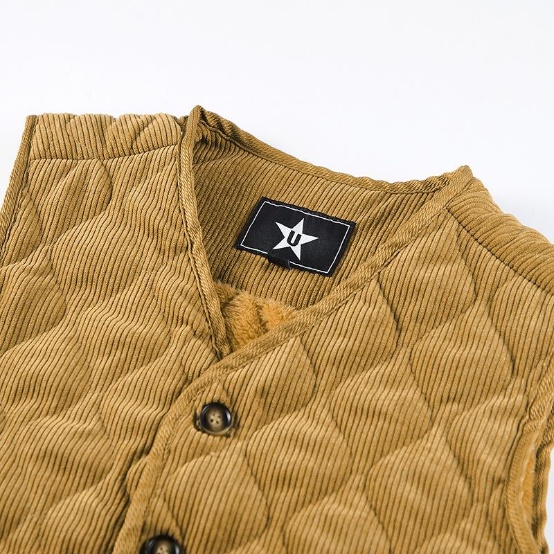 Autumn Winter Padded Warm Vest Men's Diamond Check Shoulder Undershirt Workwear Corduroy V Neck Jackets Men Clothing Large Size