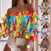 Off Shoulder Multi-layer Top Colorful Pleated Ladies Flare Sleeve Shirt