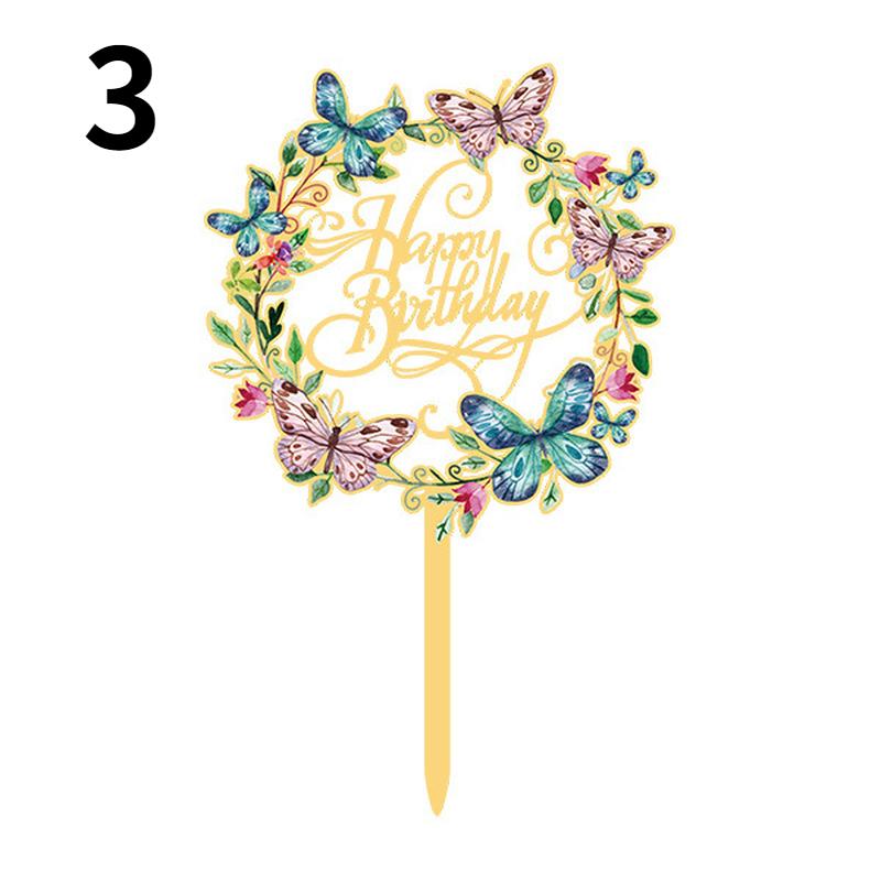 Flowers Cake Topper Happy Birthday Gold Silver Birthday Party Cake Insert Acrylic Cake Decoration Wedding Cakes Dessert Decor