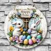 1 Piece Farmhouse Easter Logo with Rabbit and Egg-round Wooden Wall Decoration, 7.87x 7.87 Inches, Rustic Porch Decoration