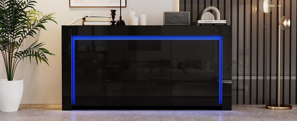140*40*65cm Living Room Cabinet, Dresser with 3 Drawers, 2 Doors, High-Gloss Side Cabinet with LED Light Strip, Sideboard with Storage Space, Black