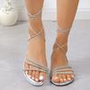 Летние Новые Сандалии Круглый Носок Открытый Носок Пайетки Перекрещенные Тонкие Тонкие с Мягкой Подошвой Противоскользящие Износостойкие Ремешок Плоская Обувь