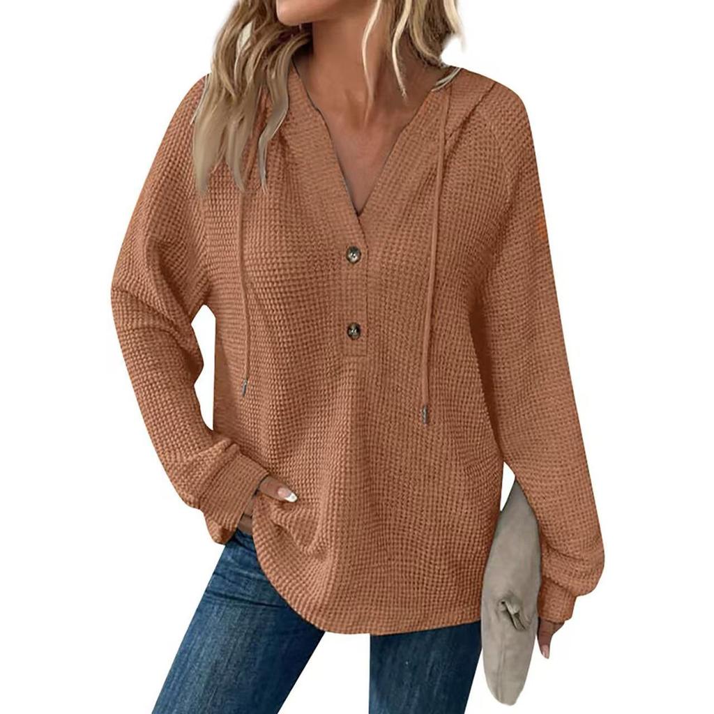 Женская мода с длинным рукавом, завязками на шнурке, капюшоном, пуговицами, V-образным вырезом, повседневная толстовка с капюшоном