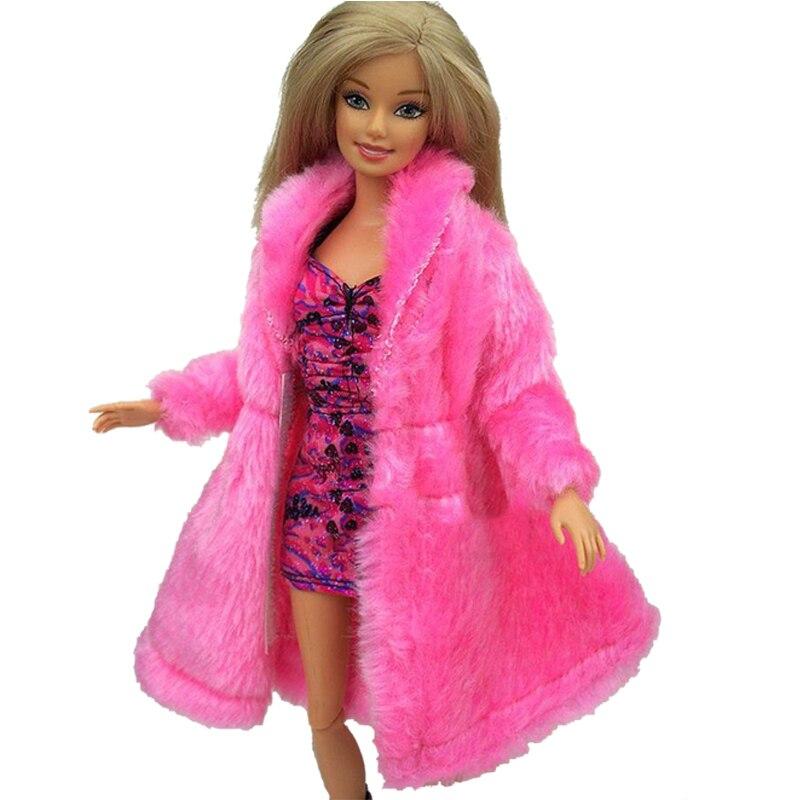 PINK Winter Long Fur Coat for Barbie Doll Outfits Clothing for 1/6 BJD Dollhouse Accessories Fashion Doll Clothes for 1:6 Dolls