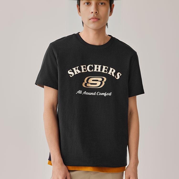 Skechers SS25 Простая Повседневная Удобная Спортивная Футболка с Круглым Вырезом Унисекс Топы Угольно-Черный L225U122-0018