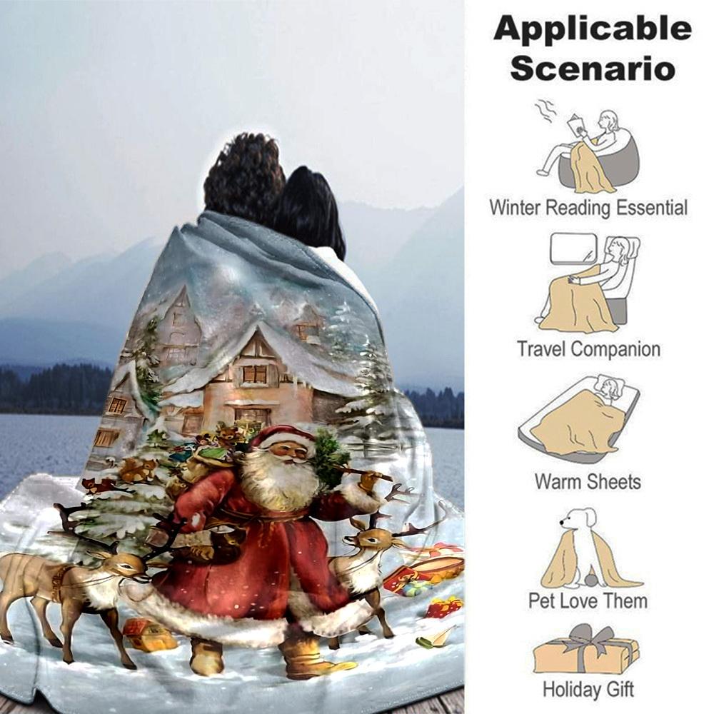 1pc Santa Claus, snowy village blanket Lightweight Flannel Throw for Sofa Bed Travel Camping Livingroom Office Couch Chair
