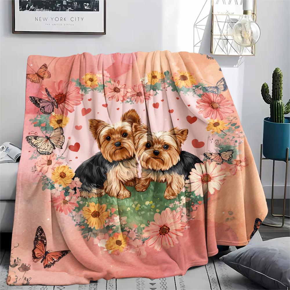 Yorkshire Terrier and Hearts pattern Flannel Blanket, High quality Comfortable for All Seasons, Home Decor, Warmth and Comfort, Perfect for Gifts.