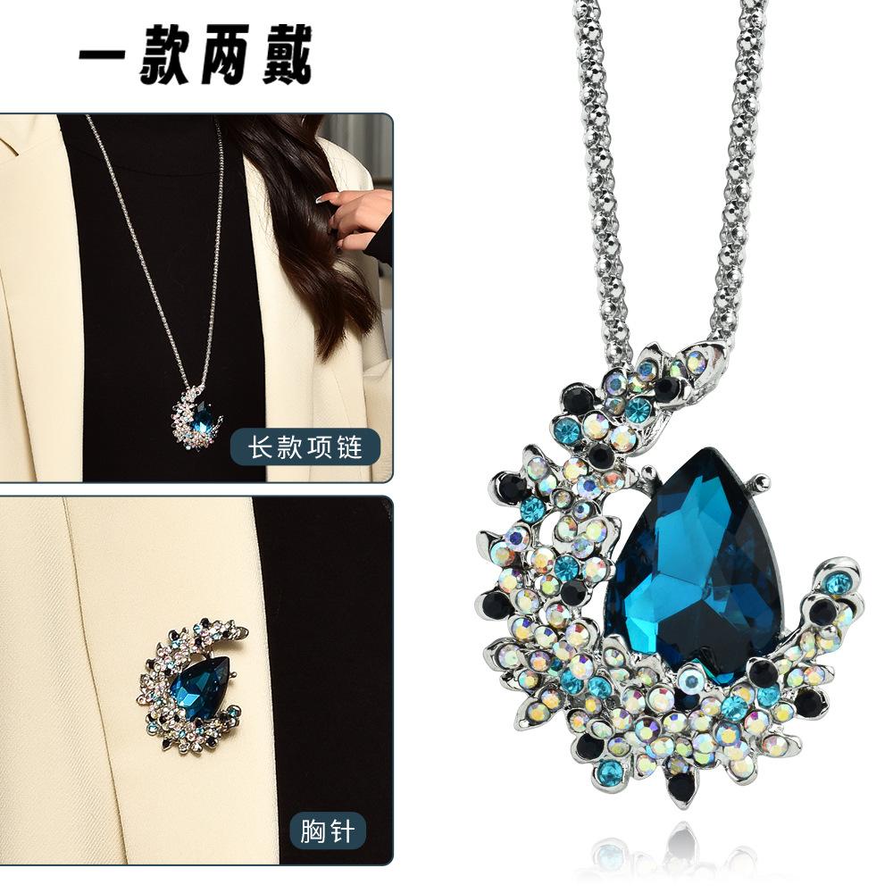 Suijue Pearl Sweater Chain Two Wear Crystal Flower Long Necklace Titanium Steel National Style Two Wear Function