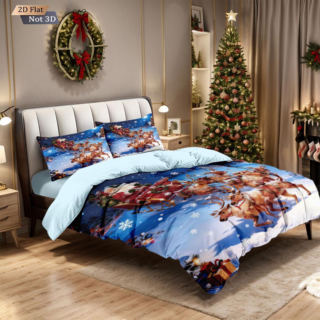 3Pcs Christmas Reindeer Print Coreless Duvet Cover Set Multiple Size Soft Dormitory Bedding Holiday Decoration, Machine Washable