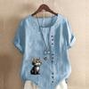 Women's Fashion Cat Prined Short Sleeve T-shirt Loose Cotton Shirt Casual Loose Summer Blouse Tops Plus Size