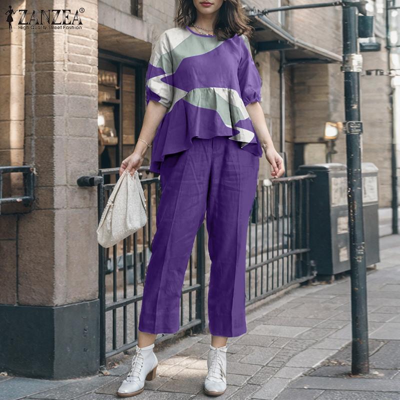 ZANZEA Женский винтажный круглый вырез с коротким рукавом и принтом, топ и брюки