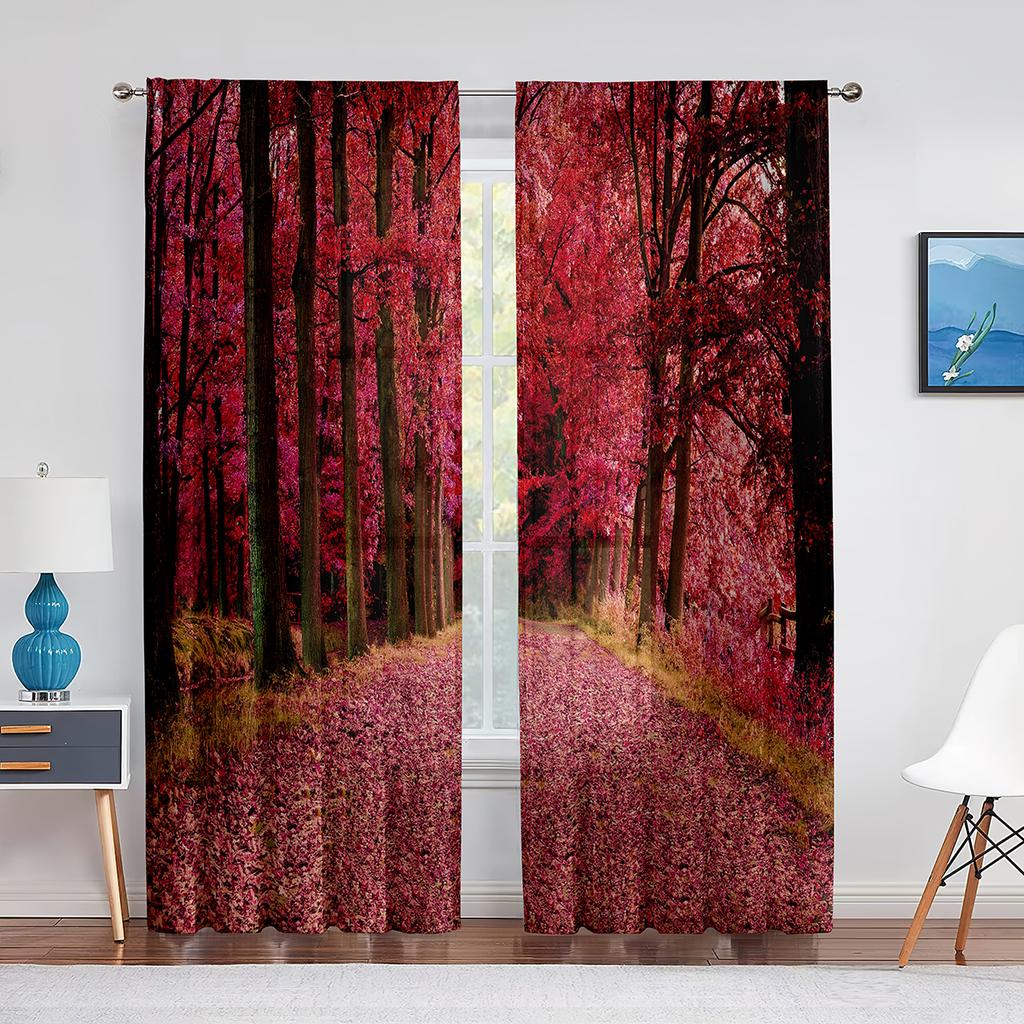 Fall Forest Tulle Curtains for Living Room Bedroom Decoration Autumn Trees Woodland Sunshine Nature Scenery Sheer Voile Curtain