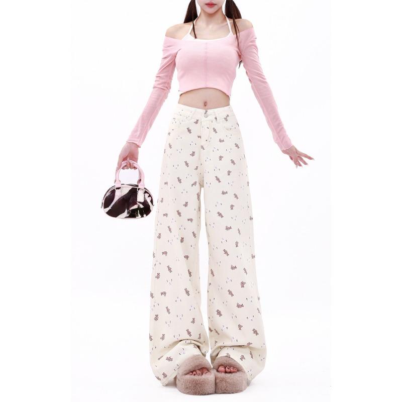 Women's Vintage White Jeans Harajuku Y2k 90s Aesthetic Denim Pants Streetwear Straight Cowboy Trousers 2000s Trashy Clothes